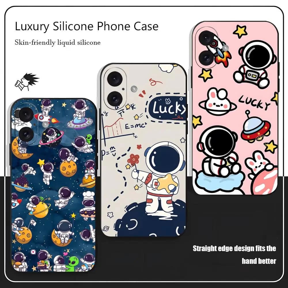 Astronaut Cartoon Cute Hot Phone Case For iPhone 17 16 15 14 13 12 X XR XS 8 Plus Mini Pro Max Soft black Shockproof Cover