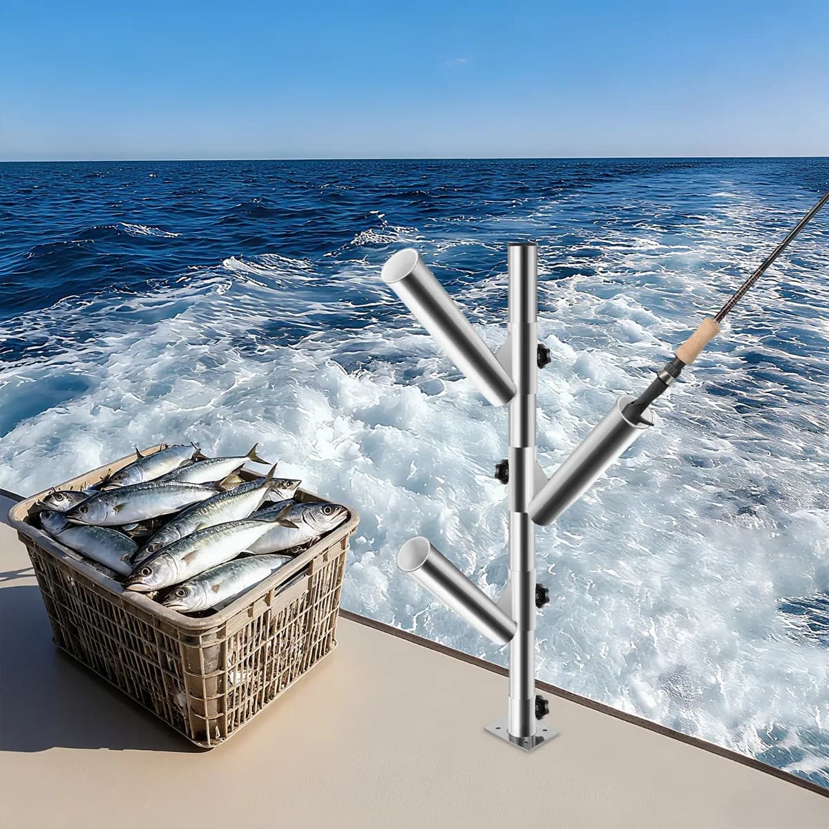 Portacanne da Pesca in Acciaio Inox 316 - Supporto per 3 Canne Senza Mani per Barca e Yacht, Porta Rete con Supporto Aggiuntivo per Canne