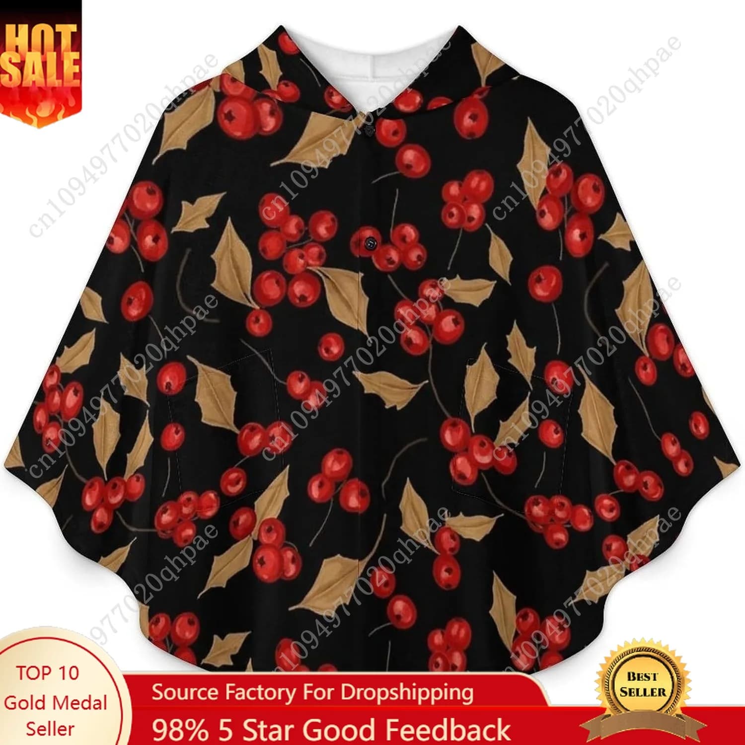 Comodo maglione coperta in flanella, felpa con cappuccio oversize nera con bacche rosse con tasche per bambini e adolescenti