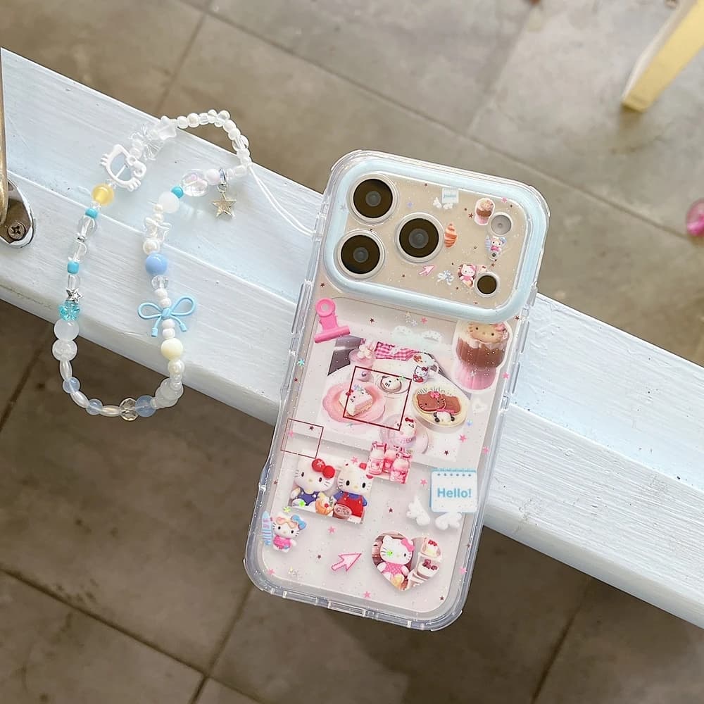 Custodia per telefono alla moda con adesivo cartone animato Sanrio Hello Kitty per iPhone 17 16 15 14 13 Pro Max, cover trasparente morbida in TPU con cordino