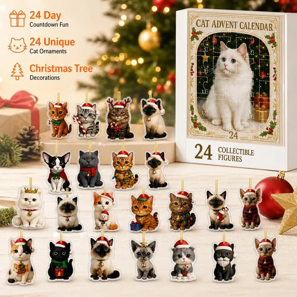 24 Day Christmas Countdown Advent Calendar 2026 Cute Cat Acrylic Hanging Pendants Set Table Display Box Xmas Wreath Tree Decor