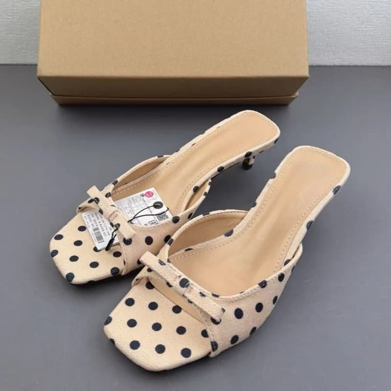 2026 New Summer Women Suede Polka Dot Bow Sandals Slip on Square Toe Low Heel Slides Backless Elegant Mules Ladies Slippers