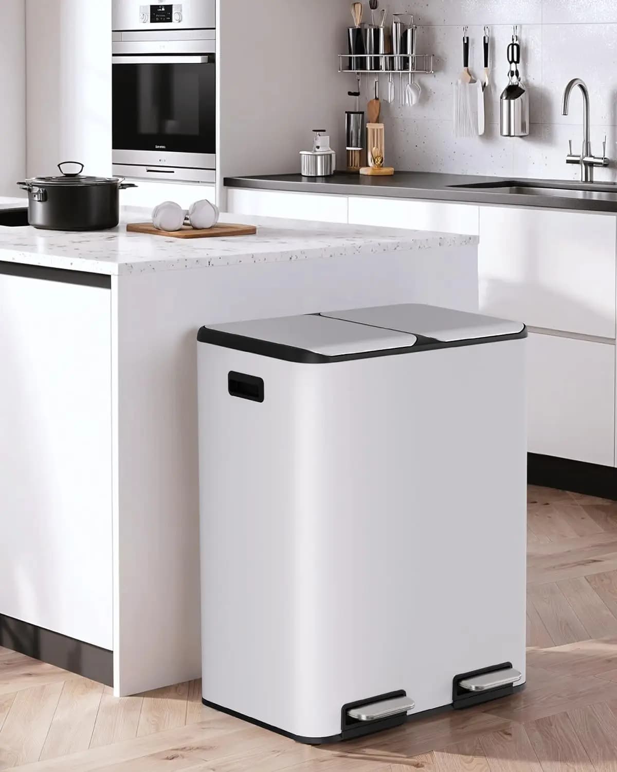 Bidone della spazzatura, contenitore a pedale 2x30L con filtro per odori, bidone della spazzatura, bidone della spazzatura, sistema di separazione dei rifiuti, bidone della spazzatura doppio in metallo, bianco