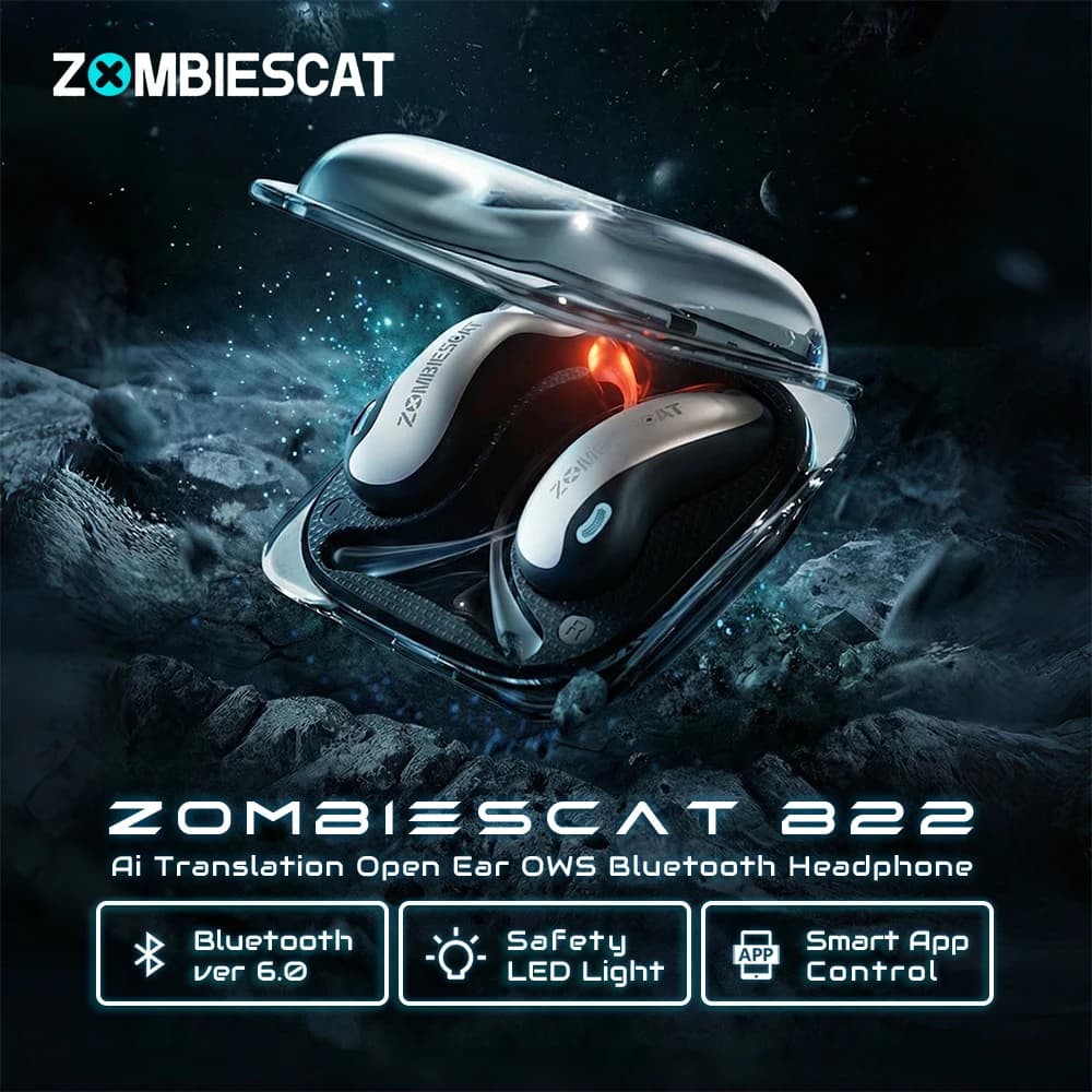 Auricolari Wireless Zombies Cat B22 OWS Bluetooth 6.0 con Traduzione AI, Cuffie a Conduzione Aerea, Luce di Sicurezza, Auricolari Sportivi con APP