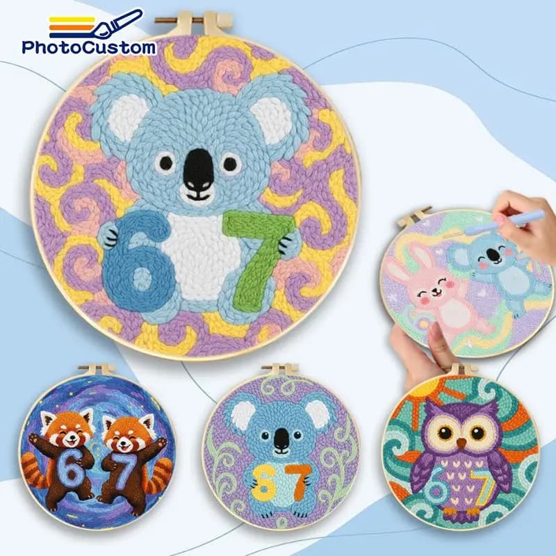 PhotoCustom 67 Raccoon Punch Needle Embroidery Handiwork Art Projects For Adults Animal Complete Punch Needle Kit Art Supplies
