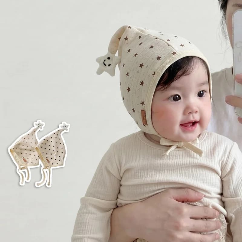 0-12M Newborn Baby Star Pattern Earflap Cap Adjustable Tie Bonnet Infant Boys Girls Spring Hat Daily Wear