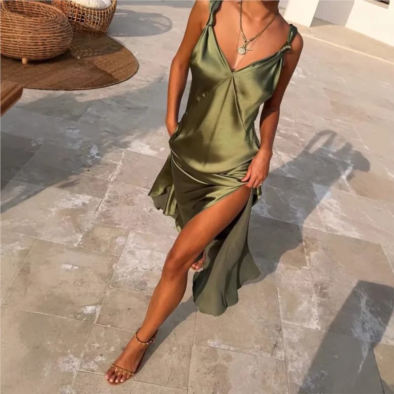 Women's Bandage Backless Sexy Elegant Dress Split Hem Spaghetti Strap Slim Party Dress Fashion Satin Solid Chic Evening Gown