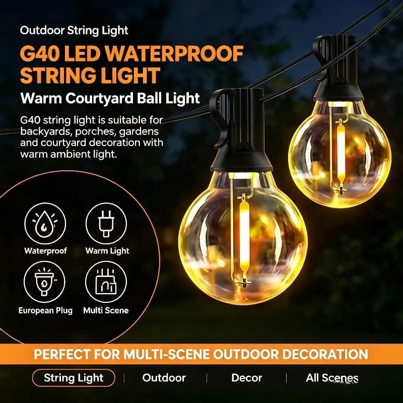 Outdoor G40 String Lights LED Ball Waterproof Courtyard Light Plug for Patio Backyard Porch Garden Wedding Decor Party Decor