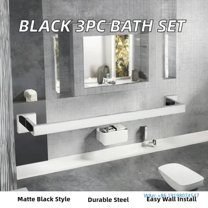 Set di Accessori Bagno Moderni a Parete in Acciaio Inox SUS 304 Nero Opaco, Porta Carta Igienica e 2 Ganci per Asciugamani