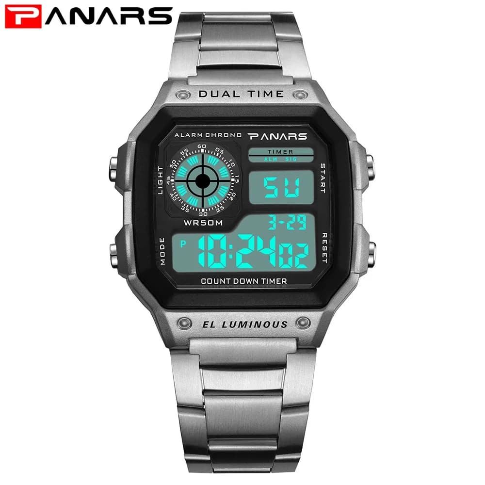 PANARS Top Luxury cinturino in acciaio inossidabile orologi sportivi da uomo impermeabile Back Light orologio da polso digitale allarme maschile