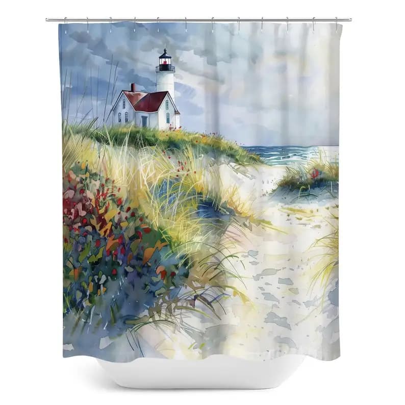 Tenda da doccia con arte ad acquerello faro, arredamento per il bagno costiero, arte del bagno sulla spiaggia, tenda da doccia resistente all'acqua