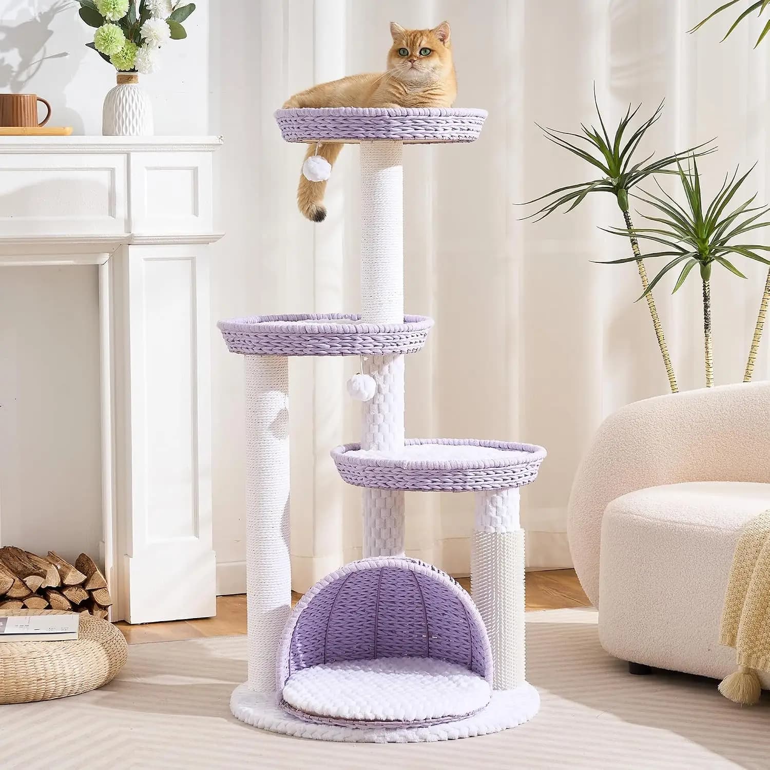Modern Wood Cat Tree for Large Cats, 46" Multi-Level Tower with Scratching Posts & Condo, Woven Bed for Indoor Cats, Customized