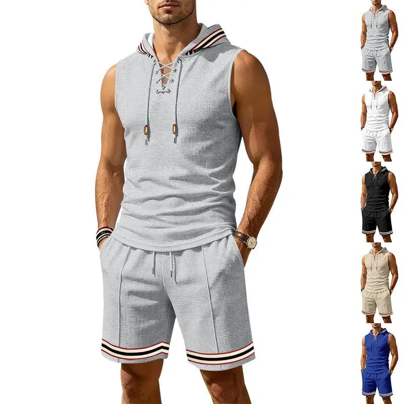 Loose Men's Summer Sportswear Set with Color Block Hoodie Vest And Shorts Comfortable Breathable Young Men's Outfit