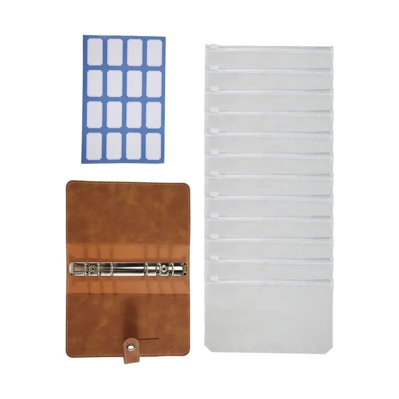 Brown Budget Binder, PU Leather Wallet For Cash Vouchers, Planner Notebook Cover With 12 Zip Envelopes-ELEC