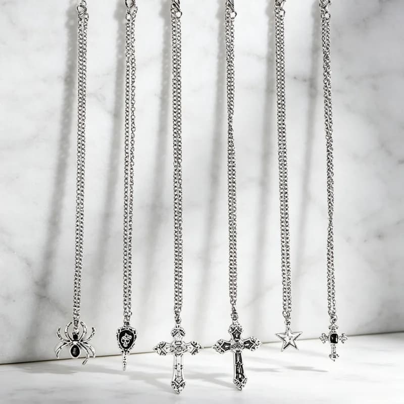 6-piece Gothic black imitation gemstone spider skull cross star pendant necklace set, multi-layer stacked necklace, punk jewelry