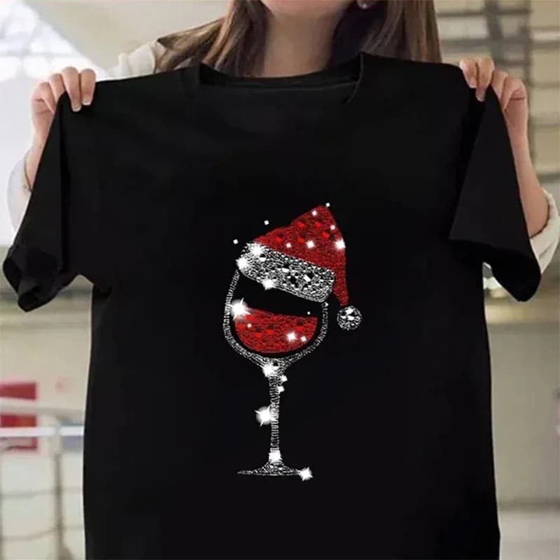 T-Shirt a maniche corte con scollo tondo Casual da donna con stampa di bicchieri di vino rosso di nuovo natale