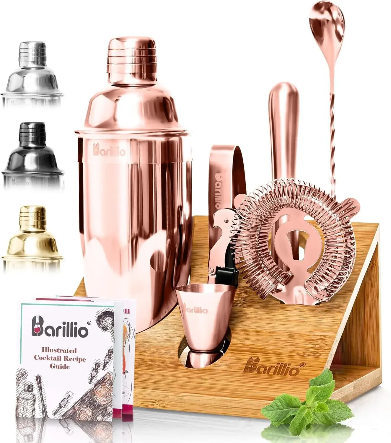10-Piece Rose Gold Cocktail Shaker Set with Bamboo Stand, Stainless Steel Bar Tools for Home Mixology