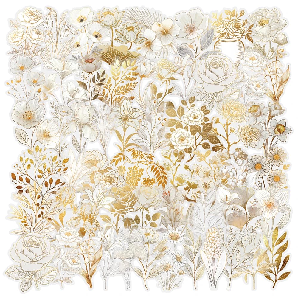 10/30/50pcs Transparent White Golden Plant Flower Stickers Retro Aesthetic Sticker DIY Luggage Phone Guitar Diary Decals Decor