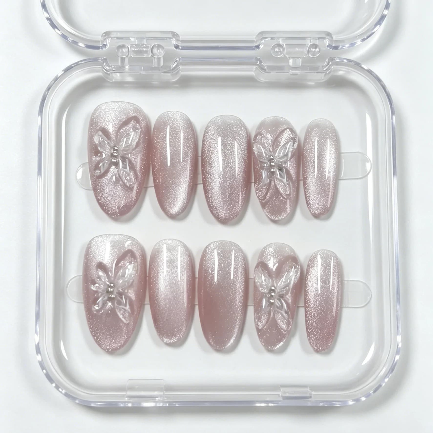 10 hand pressed oval nails, beautiful fake nails, pink purple cat eyes 3D crystal butterfly light luxury, suitable for women