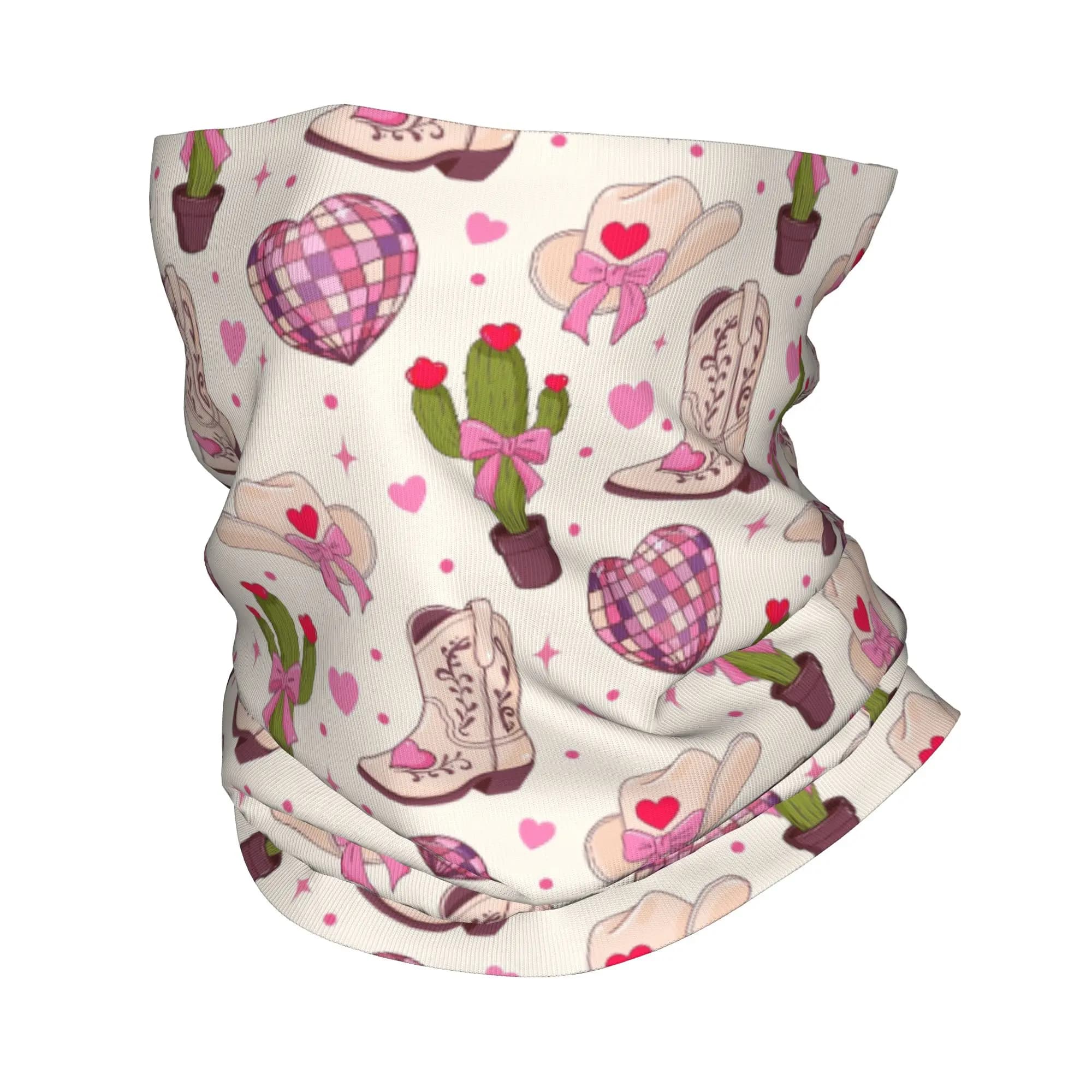 Sciarpa Multifunzione Stile Western con Stampa di Cuori Rosa e Cactus, Copricollo Balaclava per Escursionismo e Pesca, per Adulti