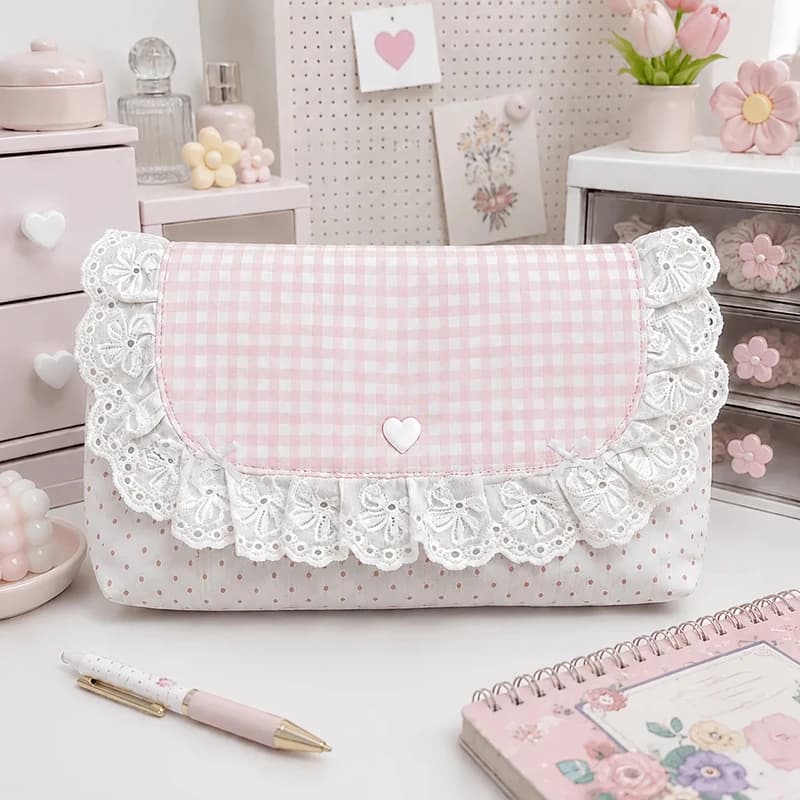 Cute Pink Plaid Pencil Case Lace Bow Large-capacity Cosmetic Bagsweet Style Girls Student Flip Pencil Case Stylish Purse Wallet