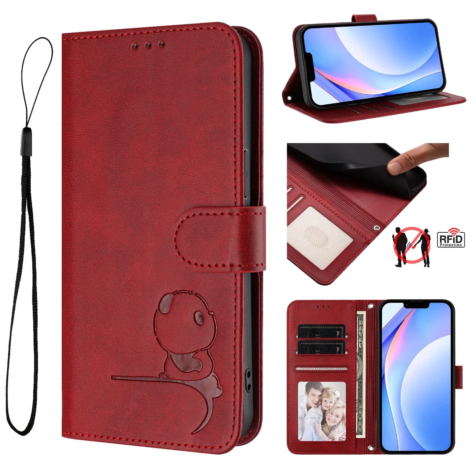 Custodia a libro in pelle con blocco RFID e 3 slot per carte, design Panda Carino, per OPPO Realme 13 Pro Plus 12 Lite 11 11X 10 9