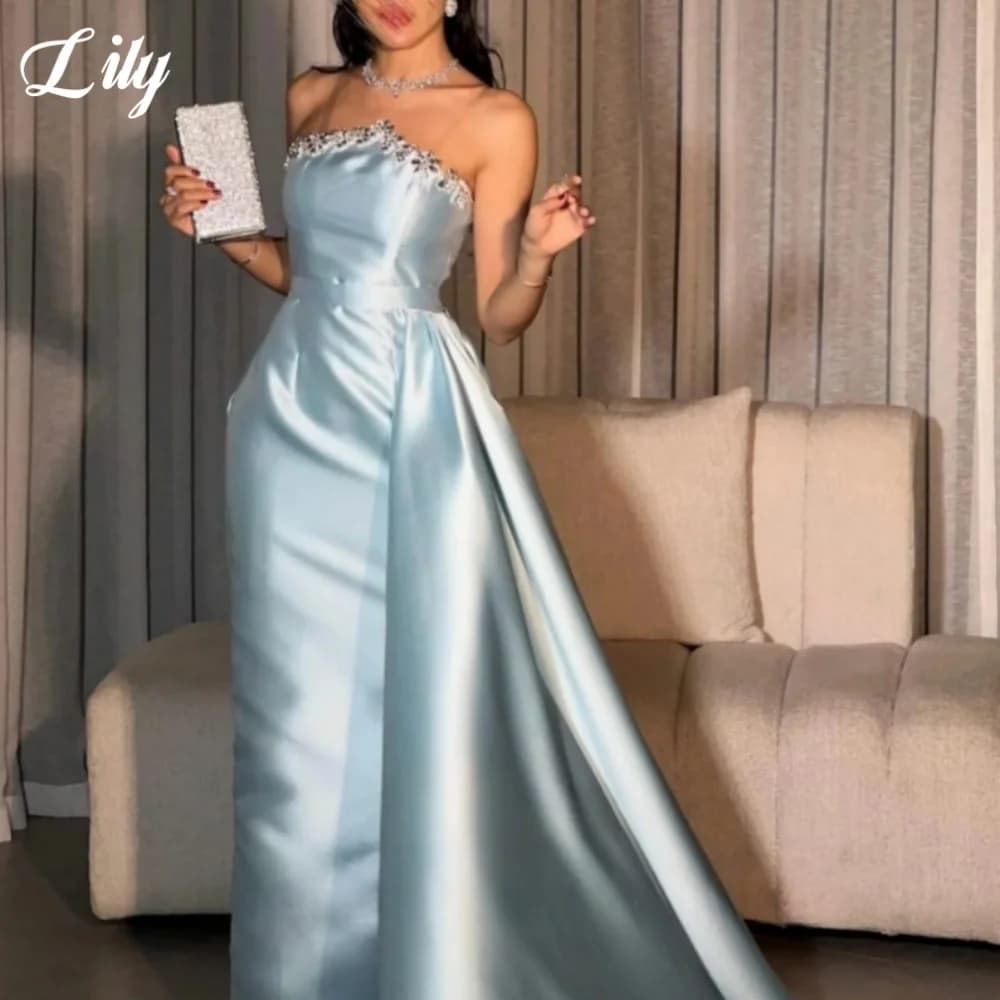 Abito formale elegante blu giglio con strass lucidi Abiti da ballo senza schienale Abiti da sera a sirena con pieghe divise in raso personalizzati