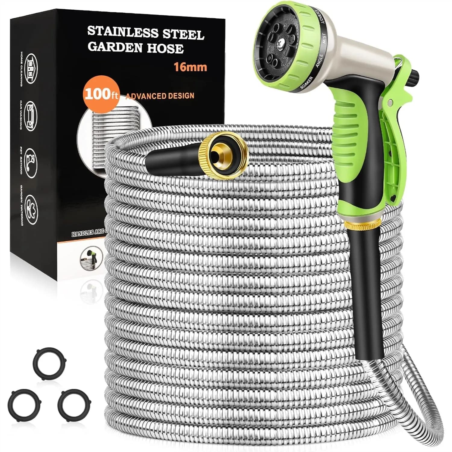 Tubo da Giardino in Acciaio Inossidabile da 30 Metri con Ugello a 10 Funzioni, Anti-Piega, Leggero e Flessibile per Uso Esterno e Giardino
