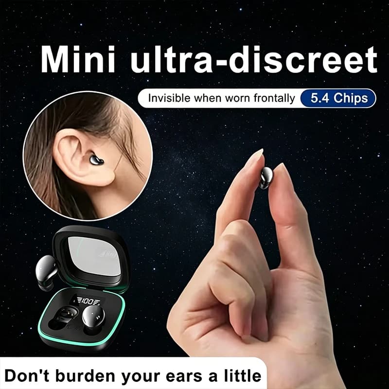 Cuffie wireless B51-Mini, dotate di audio surround HiFi e custodia di ricarica trasparente - eleganti nere, design invisibile