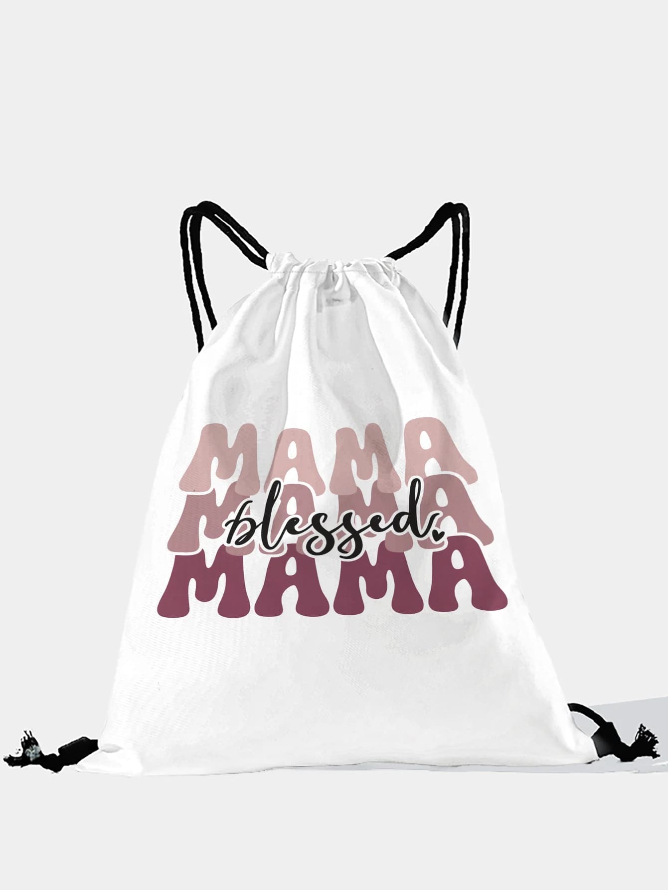 Zaino con coulisse con stampa testo Blessed Mama, borsa sportiva leggera per palestra, yoga, viaggi, scuola, shopping e uso quotidiano