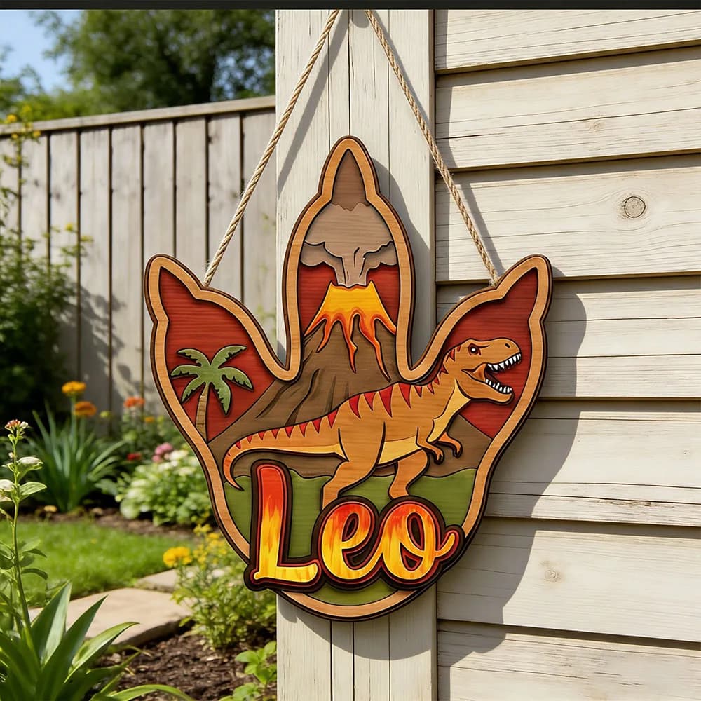 Targa in Legno Personalizzata 3D Dinosauro T-Rex con Nome, Decorazione per Porta Camera Bambini, Ricordo di Compleanno per Bambini Amanti dei Dinosauri