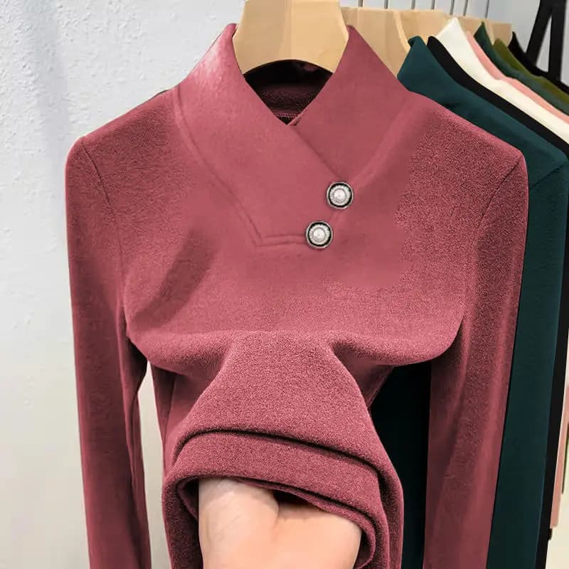 Camicia con scollo a V caldo e spesso Donna Autunno Inverno Nuovo T-shirt a maniche lunghe oversize con lappeggio interno Tinta unita Top Tee