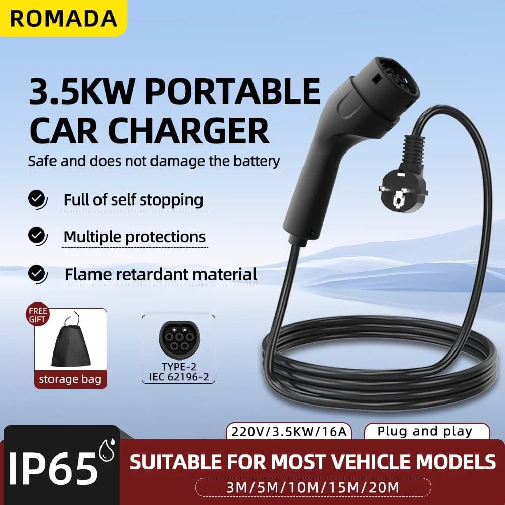 Caricatore portatile EV con spina e ricarica da 3,5KW 16A con cavo 3M-20M Type2 IEC62196 Adattatore wallbox con spina europea per veicolo elettrico