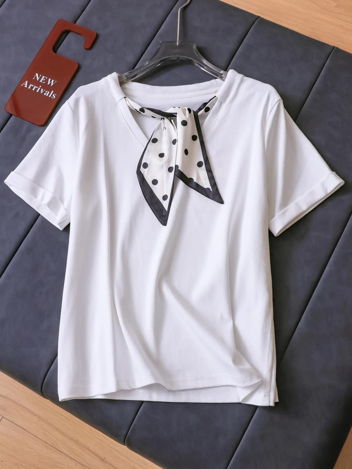 Polka Dot Silk Scarf V Neck Loose Slimming Lazy Feelings Personality Commute Versatile Short Sleeve Women's T Shirt T718