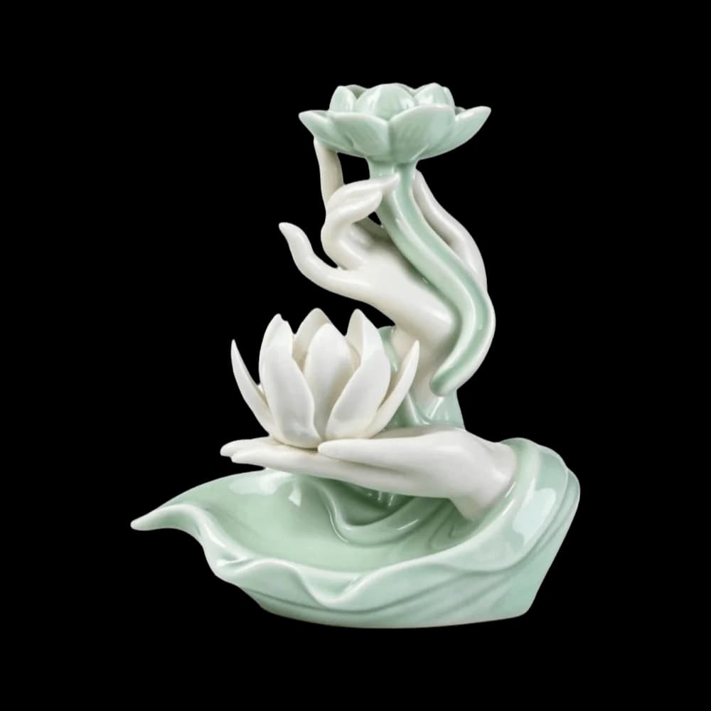 Ceramic Backflow Incense Burner Buddha Hand Shape Lotus Flower Incense Stick Holder Ash Catcher Zen Incense Burner Fountain Room