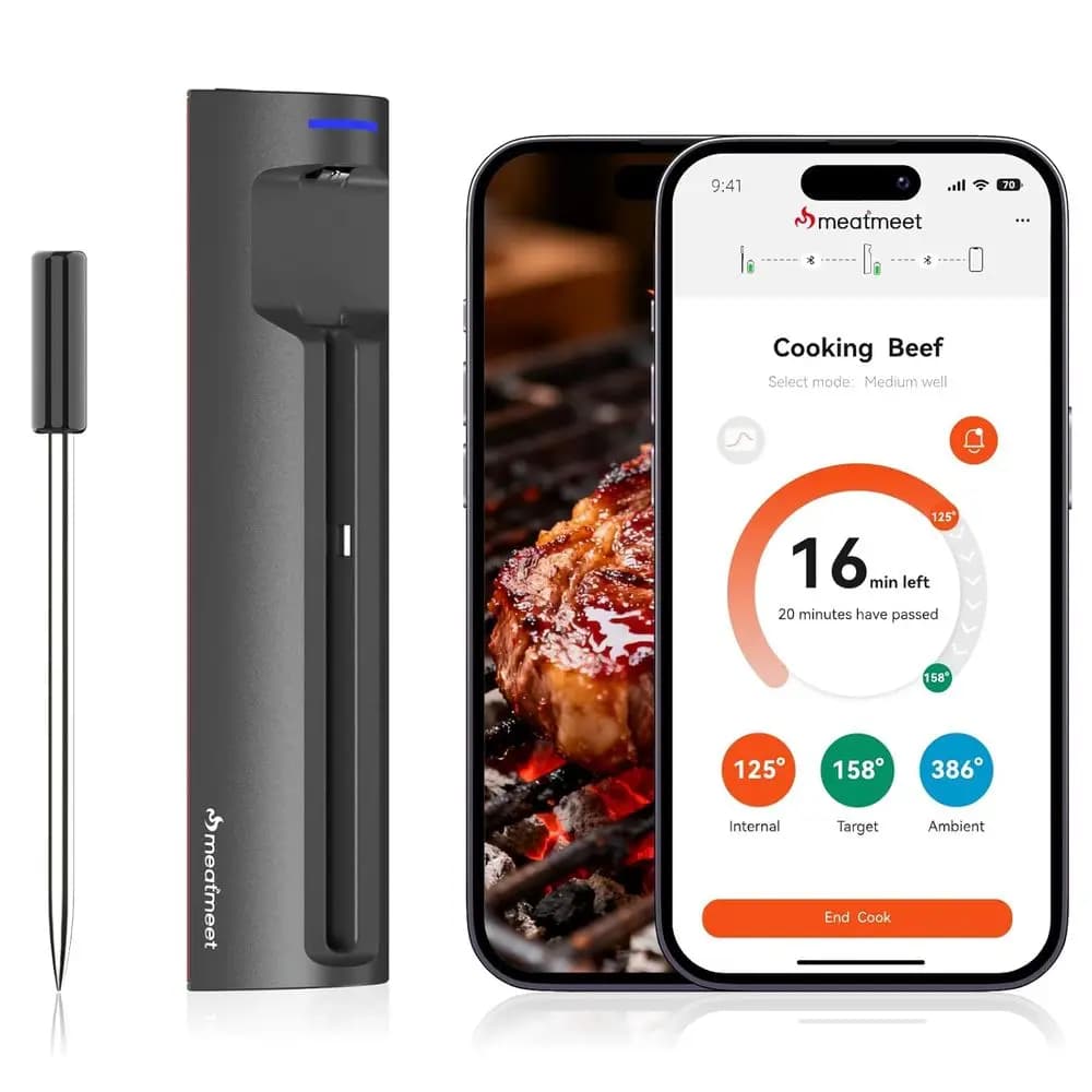 Digital Wireless Thermometer for Meat, Bluetooth, Monitoring Through App, Waterproof Round Table for BBQ, Oven, Grid