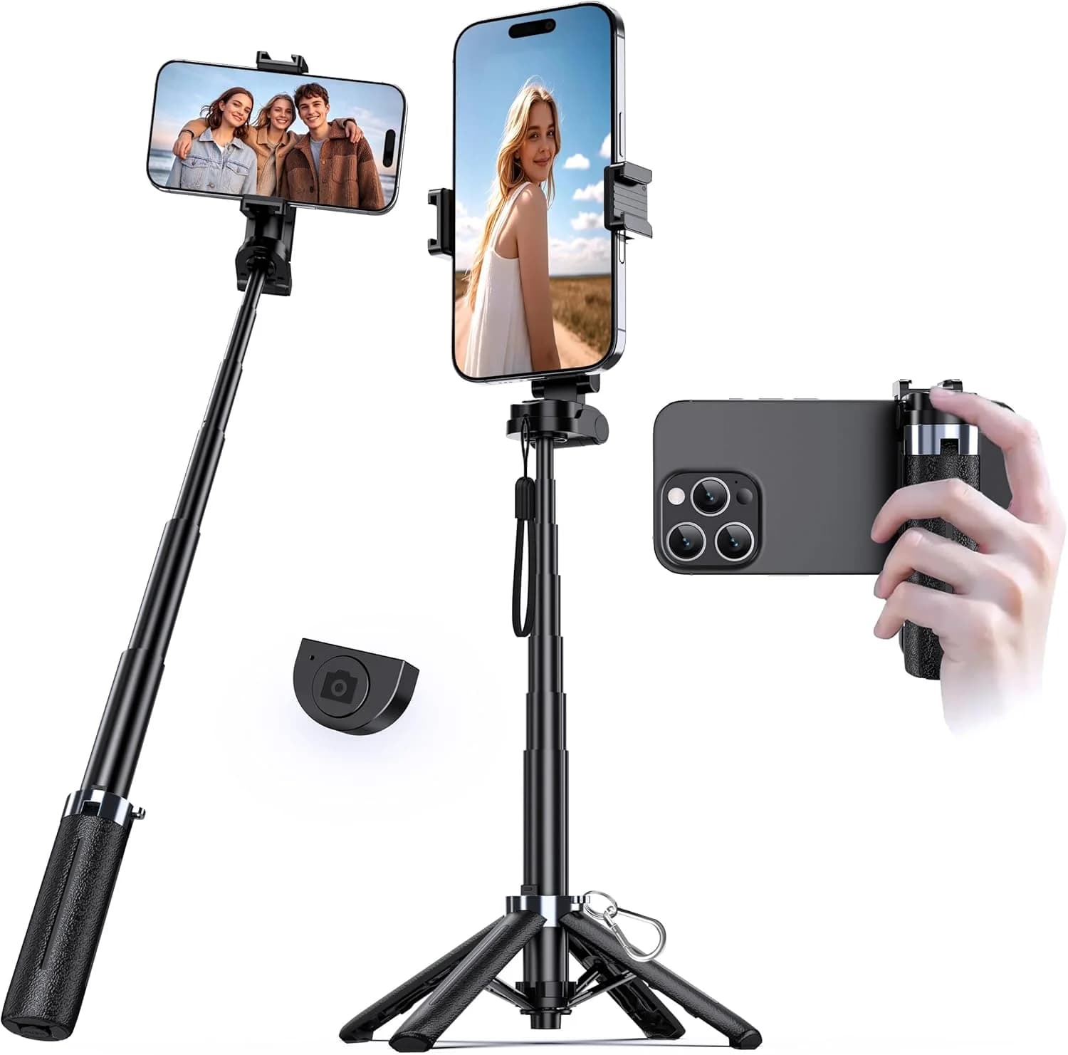 Mini treppiede selfie stick 3-in-1 con telecomando, supporto portatile per telefono con gancio in metallo per borsa, ideale per viaggi, vlogging e TikTok