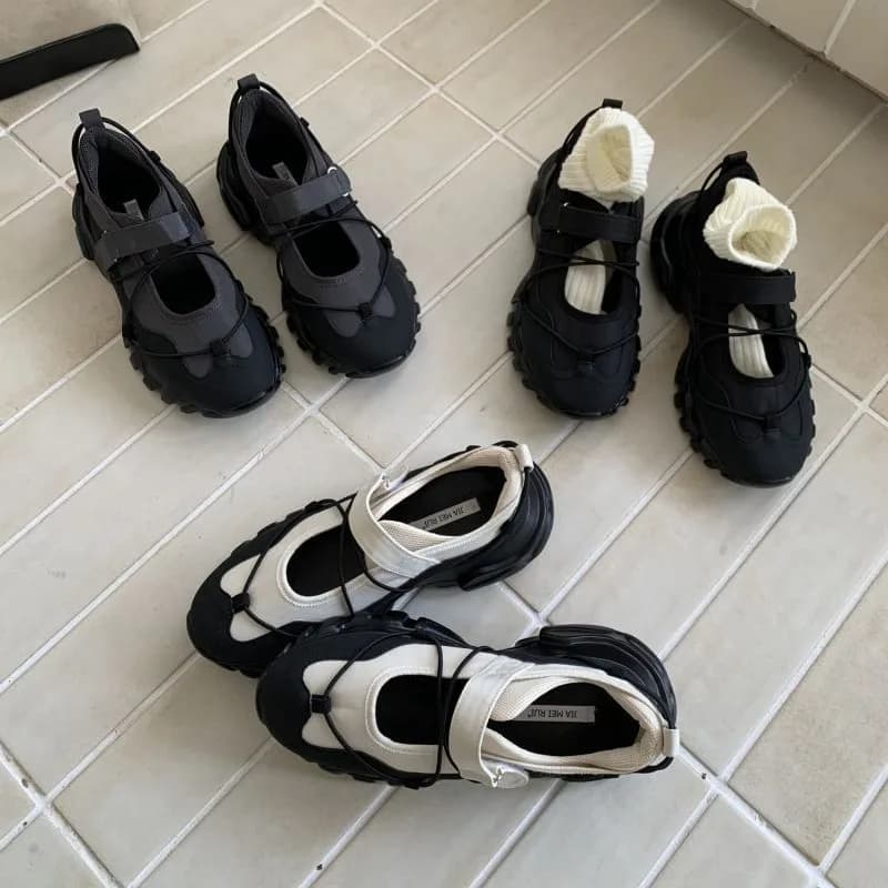 Sporty Chunky Platform Mary Jane Shoes for Women, Two-Tone Adjustable Velcro Strap Cross Lace Up Casual Walking Sneakers