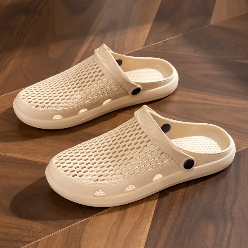 Men's Summer Beach Shoes Breathable Slip-On Sandals Anti-Slip Durable TPR Sole Hollow out Design Comfortable Leather Upper