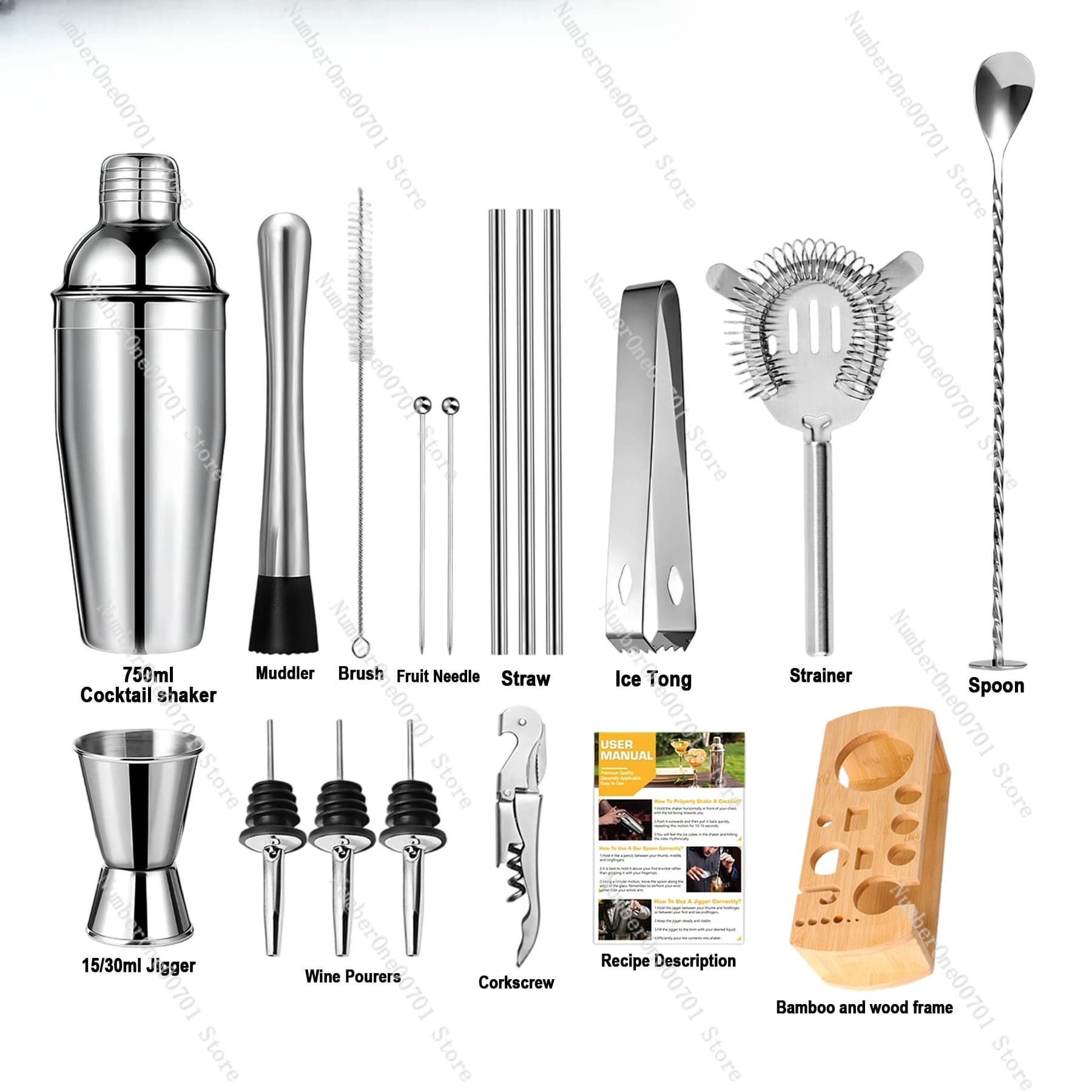 Set shaker per cocktail in acciaio inossidabile, kit di attrezzi da bar con shaker e colino Boston