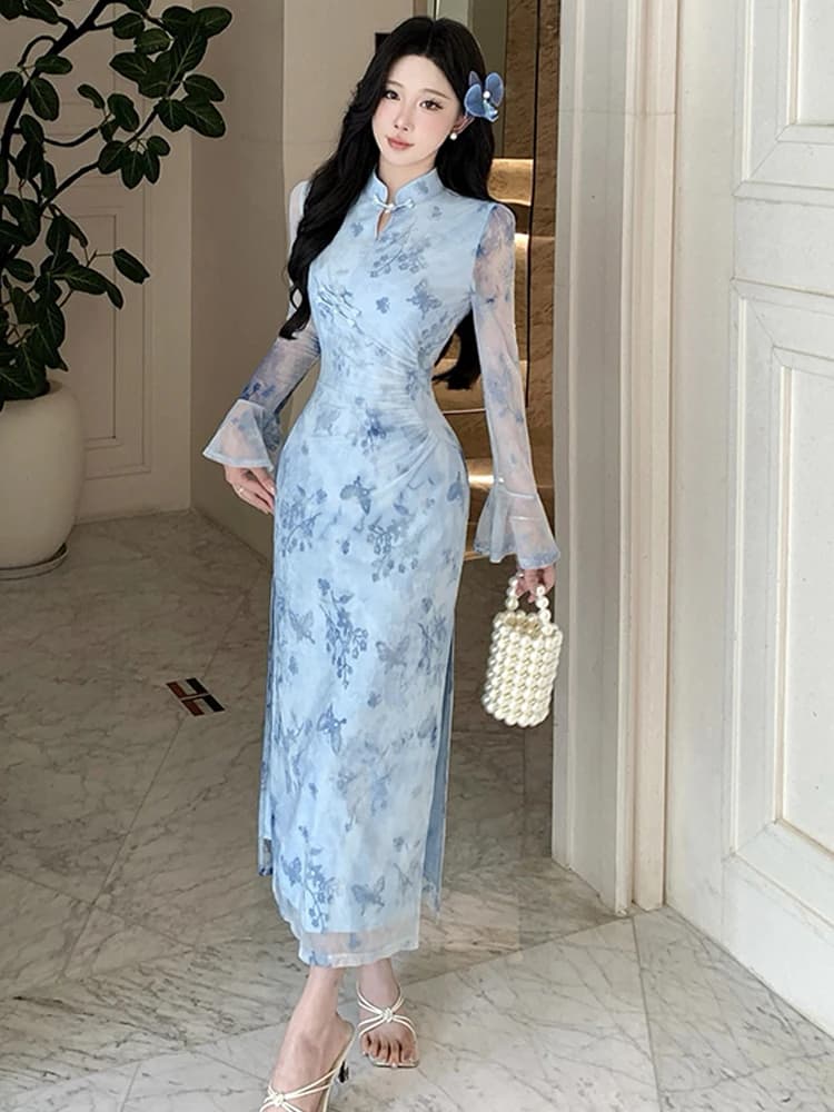 Elegant High-Waisted Chinese Style Net Sleeve Dress Sexy Slit Qipao Long Dress Ladylike Commute Suitable Straight Cut H-Shape