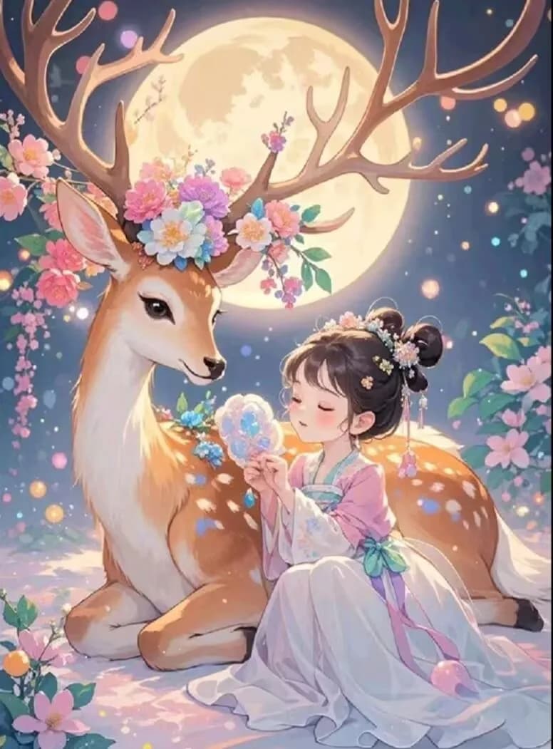 9ct 65X85cm Girl and Elk Pre-Printed Cross Stitch Kit DIY Embroidery Set Handicraft Floss Needle Crafts With Needles