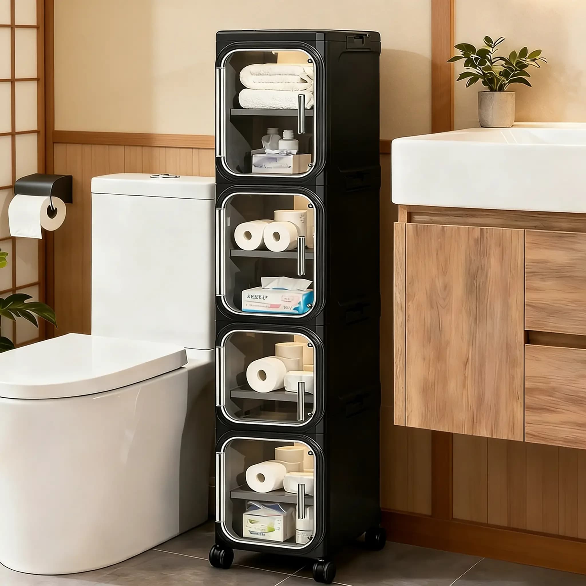 4-Tier Rolling Slim Storage Cabinet on Wheels, Adjustable Shelf Narrow Organizer for Bathroom Kitchen Laundry