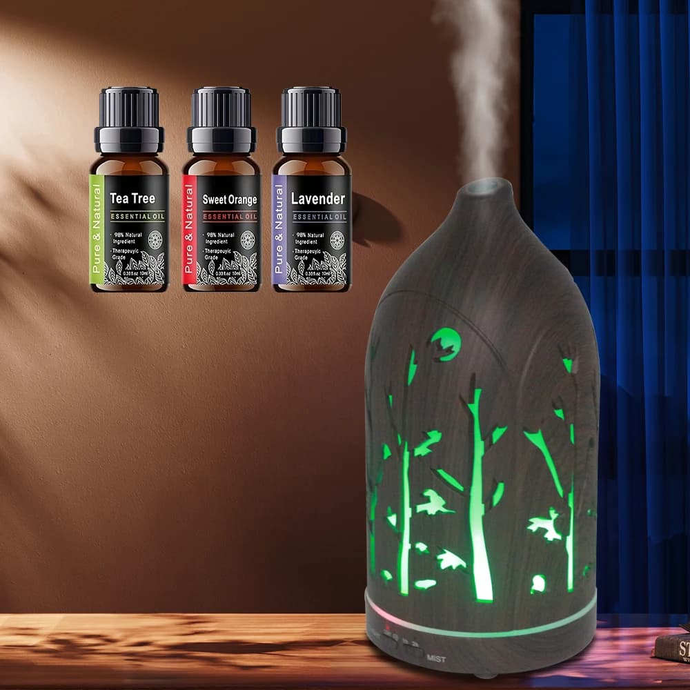 Umidificatore a nebbia ad ultrasuoni da 200 ml con 3 bottiglie di oli essenziali Luci LED a 7 colori Diffusore di legno profondo Perfetto per la casa e l'ufficio