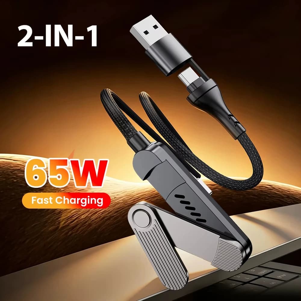 65W 2 in 1 USB A/Type-c to USB C Fast Charging Foldable Bracket Data Cable 3Fold Desk Holder Charge Wire
