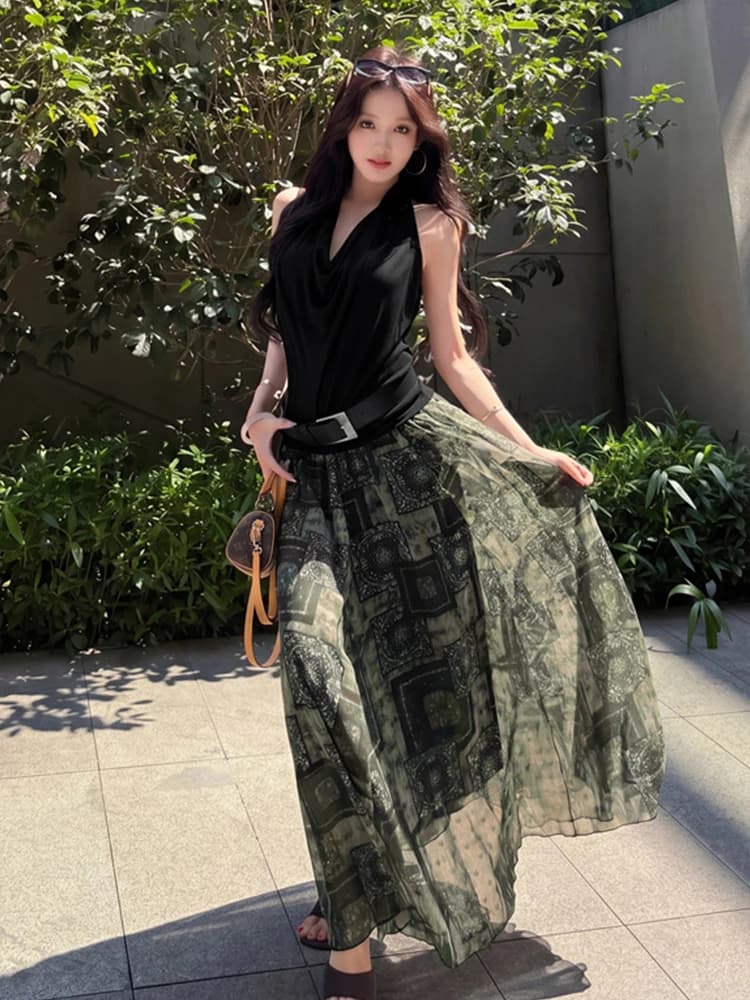 Elegant 2 Piece Outfit Women Sexy Halter Backless Tops And Retro Print Belt A-Line Maxi Skirt Summer Elegant Beach Vacation Set