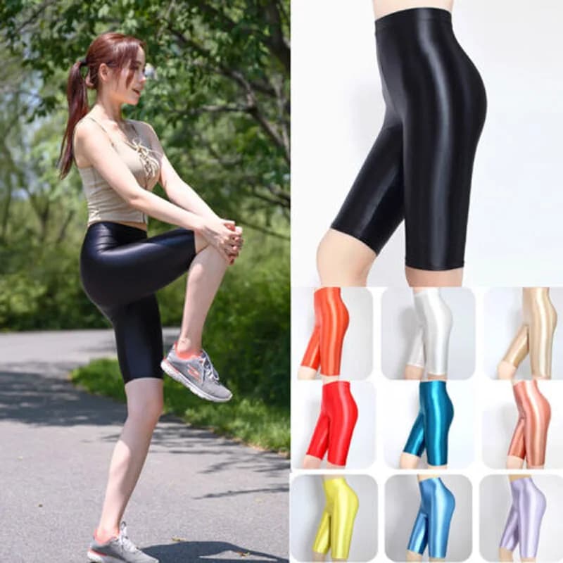 Women's high waist gloss satin sports shorts, smooth elastic, shiny, for yoga, fitness, cycling, slim leggings, quinti pants MJINM
