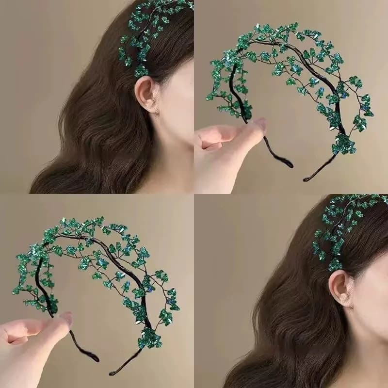 Fascia per capelli verde irregolare con perline, stile Xiaohongshu, accessori per capelli di lusso di alta gamma.