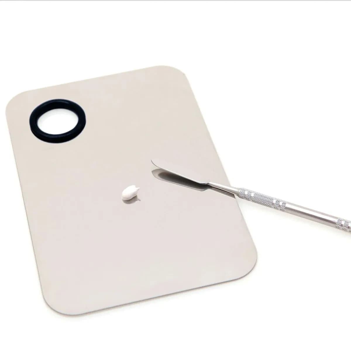 Vassoio per Trucco in Acciaio Inossidabile Argento 15x10cm con Spatola per Miscelare Colore Labbra, Ombretto e Fondotinta