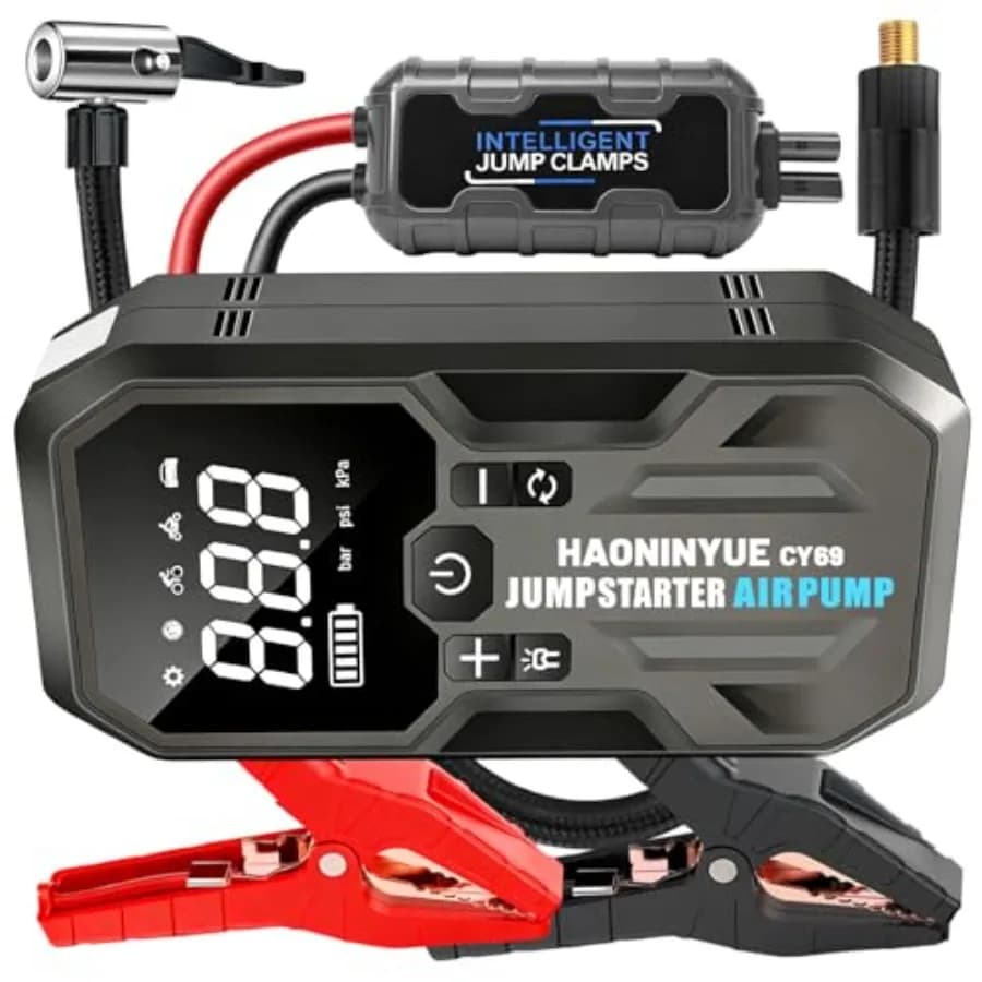 Avviatore di Emergenza con Compressore d'Aria 4000A, Booster Portatile per Batteria Auto 9.0 Benzina/6.5L Diesel con Gonfiatore Pneumatici 150PSI con Spegnimento Automatico